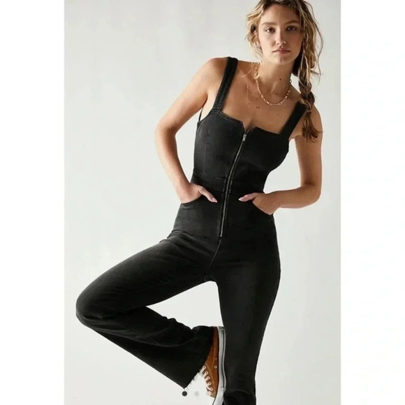 NWT Free People CRVY 2nd Ave One Piece Denim Jumpsuit in Black Vegan Leather - Picture 17 of 17